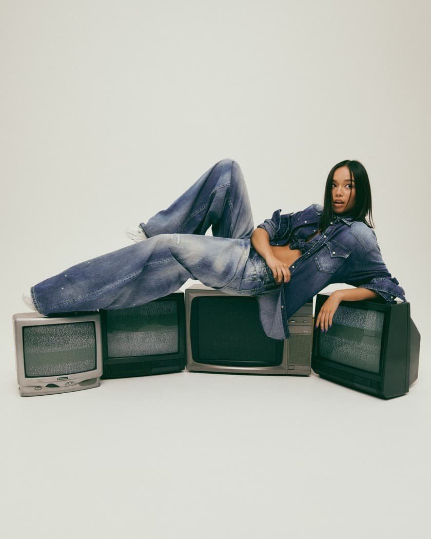 Model reclining in a denim look across stacked screens