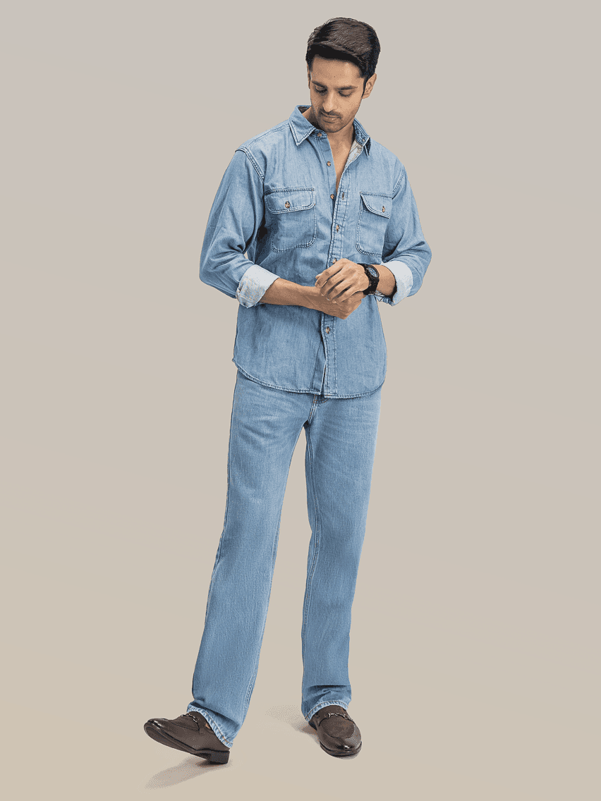 Front view of Iced Archive ice blue straight fit jeans